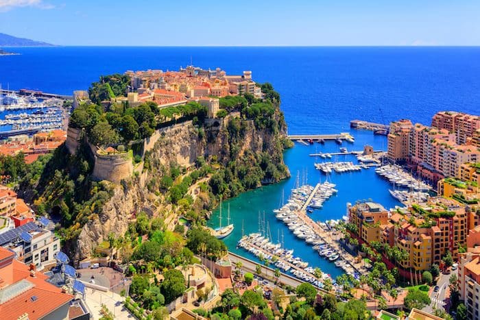 Aerial view of Monaco tax haven port side.