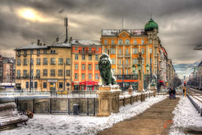 European street, statue of a lion