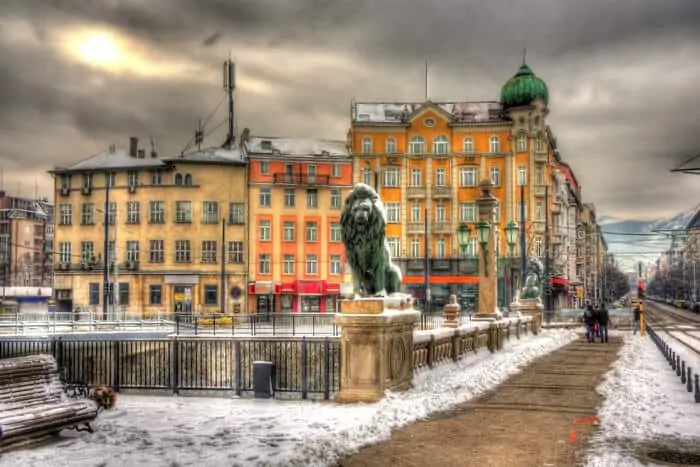 European street, statue of a lion