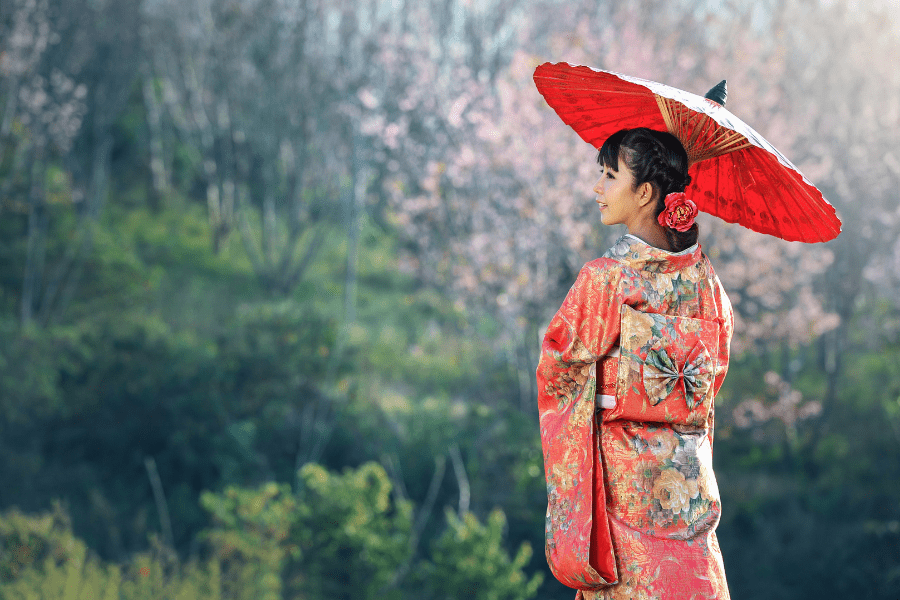 kimono, woman, umbrella